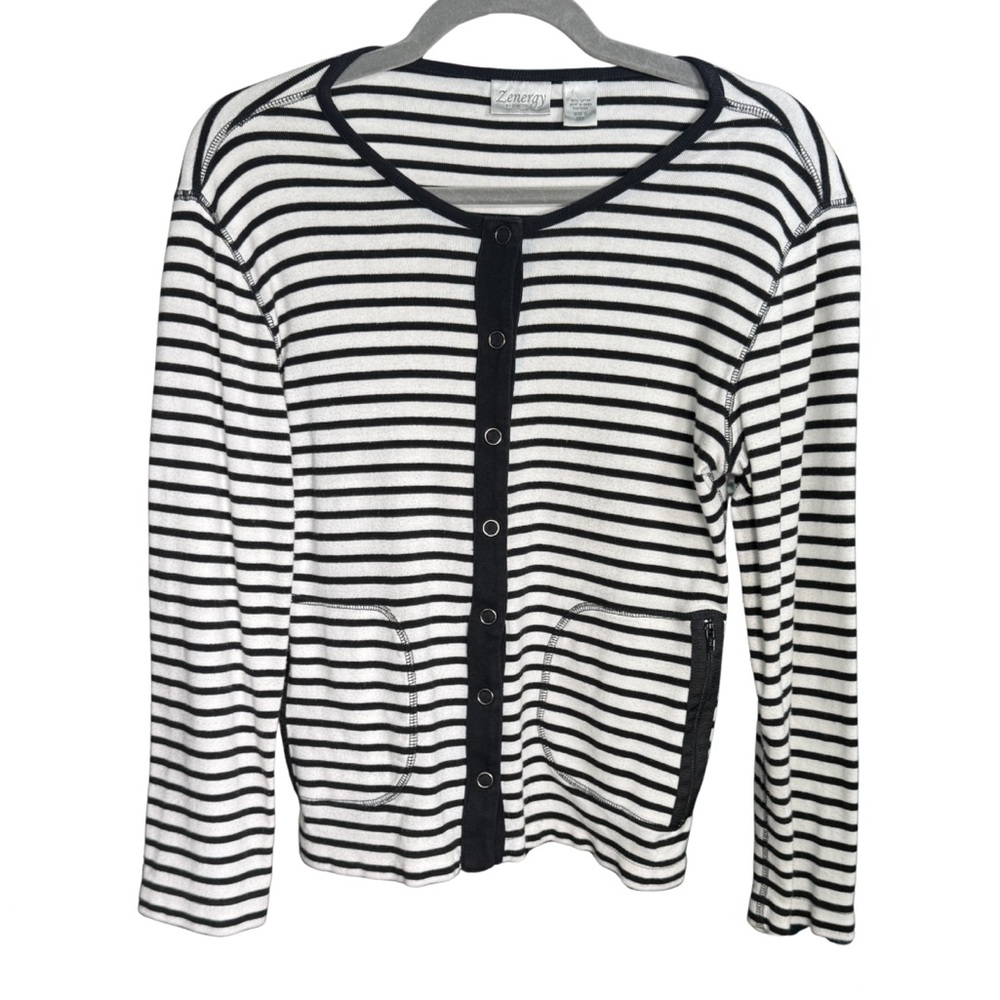 Zenergy By Chicos Natural Beauty Black‎ White Striped Cardigan Size 0 (Small)
